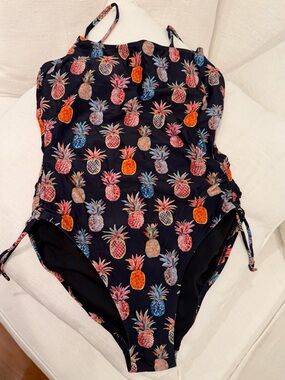 J. Crew Black One-Piece Swimsuit with Multicolor Pineapple Print